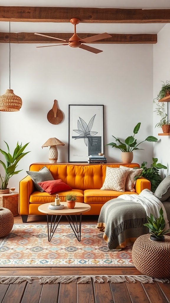 A cozy living room featuring a mustard sofa, plants, and bohemian decor.