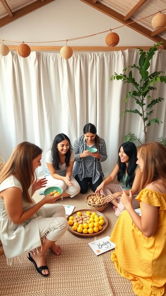 Women enjoying a boho baby shower game together, sitting on the floor surrounded by treats and decorations.