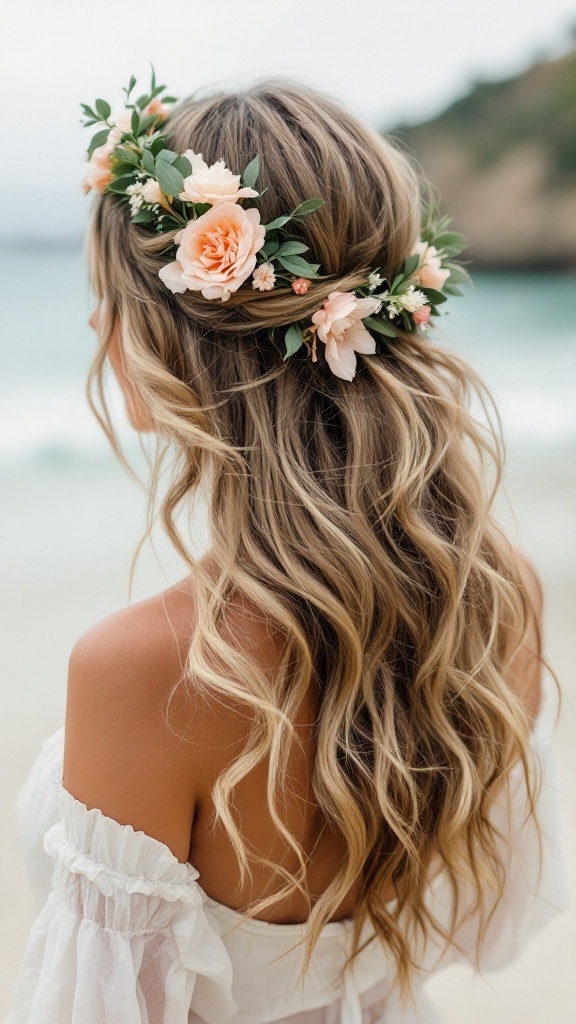 Woman with loose beach waves and a floral crown, showcasing a bohemian hairstyle.