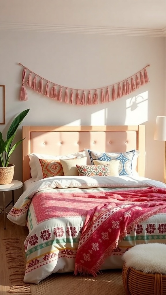 A cozy bohemian-style bedroom featuring colorful bedding, tassel decor, and plants.