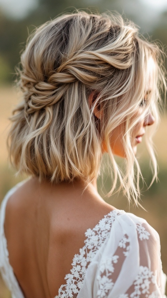 A bohemian bob hairstyle with loose tresses and an intricate braid, suitable for bridesmaids.