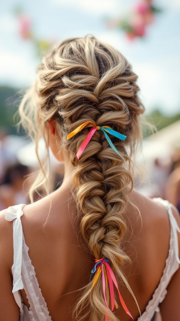 Close-up of a bohemian braid hairstyle with colorful ribbons