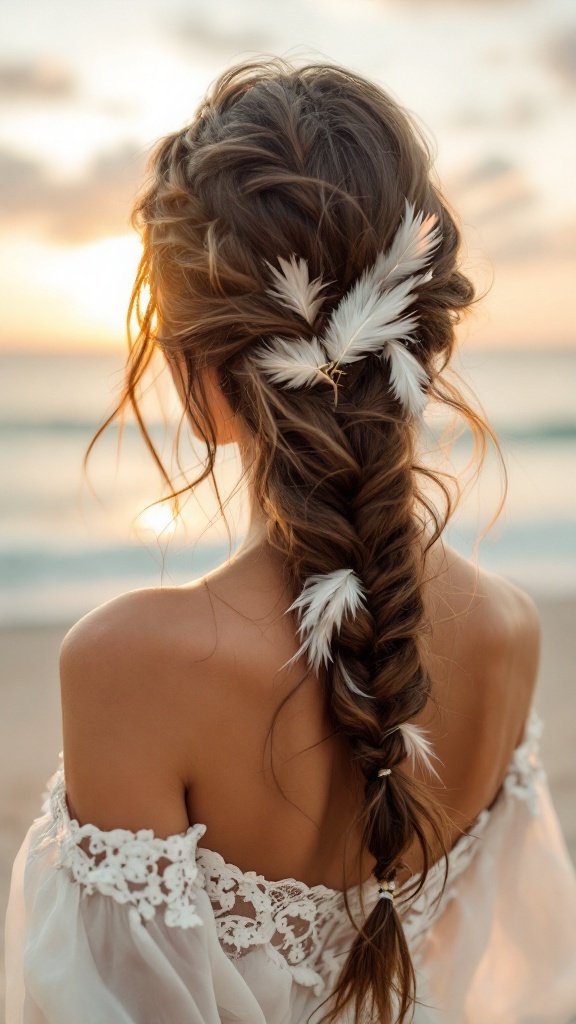Brunette hair styled in a bohemian braid with white feathers, capturing a beach sunset backdrop.