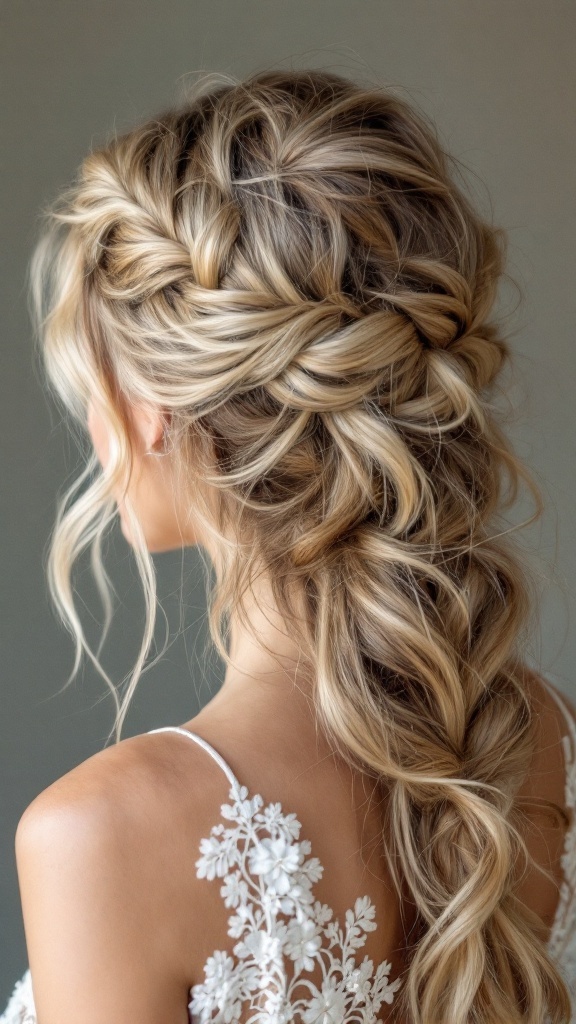 A bohemian braid hairstyle featuring loose tendrils, ideal for bridesmaids with long hair.