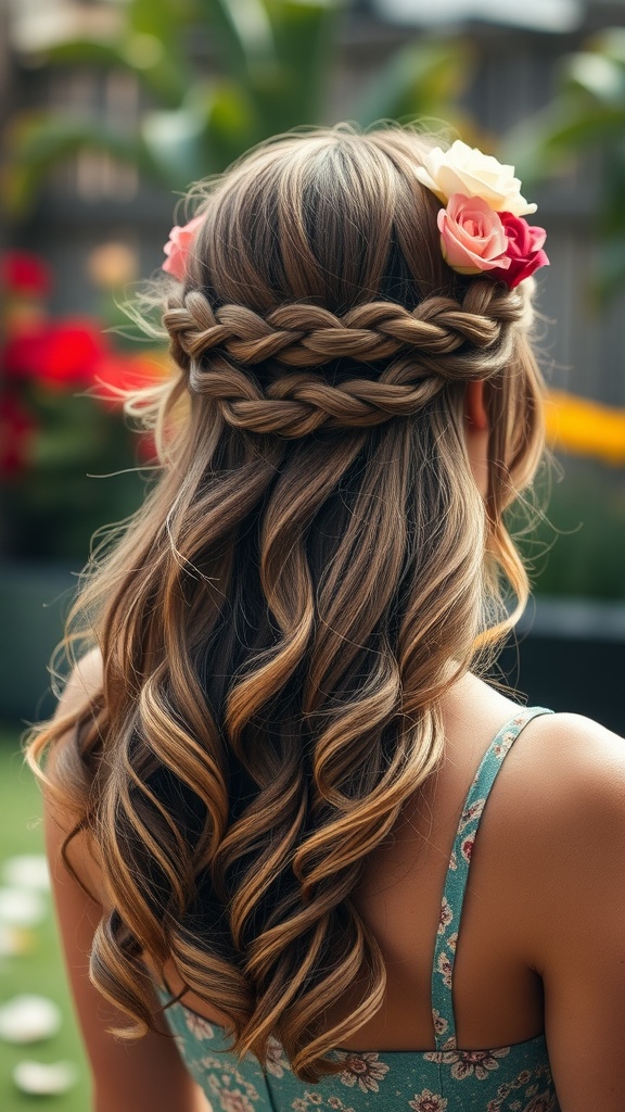 A woman with long hair styled in a bohemian braided crown, featuring cascading curls and adorned with pink and white flowers.