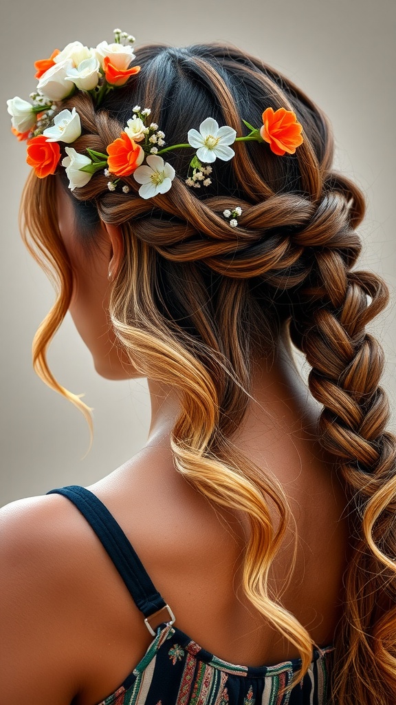 A woman with a Bohemian braided crown hairstyle, featuring orange and white flowers.