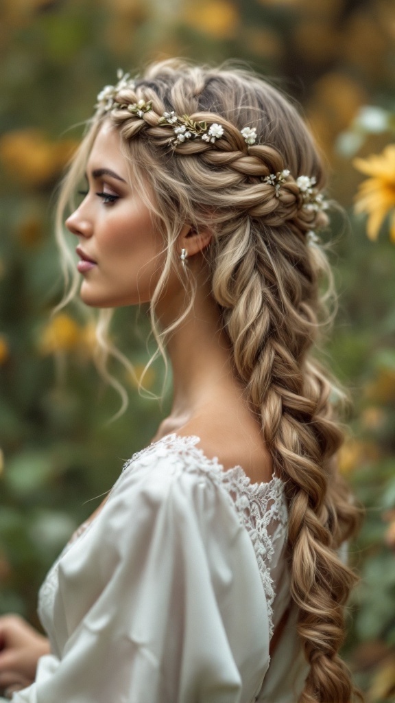 A woman with a bohemian braided crown hairstyle, wearing a cream-colored dress and adorned with flowers in her hair.