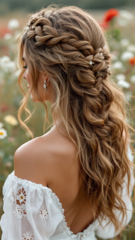 A woman with a braided crown hairstyle featuring loose waves, wearing a white off-shoulder blouse, set against a field of flowers.