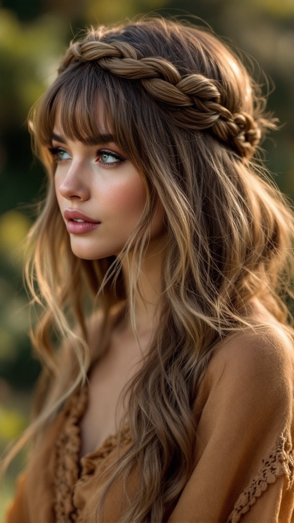 A woman with a bohemian braided crown hairstyle and side bangs, featuring loose waves and a natural setting.