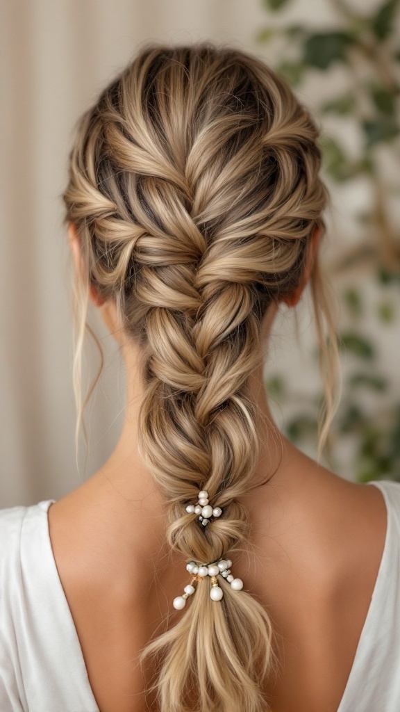 A bohemian braided hairstyle with beads, featuring a detailed braid and decorative hair accessories.