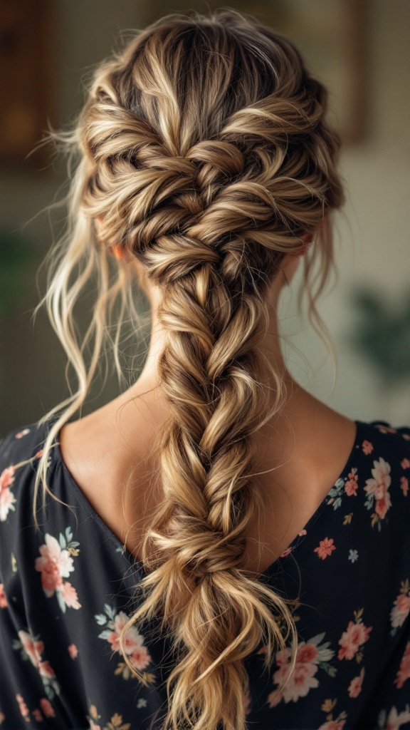 A close-up of a bohemian braided ponytail hairstyle, showcasing intricate braids and loose strands.