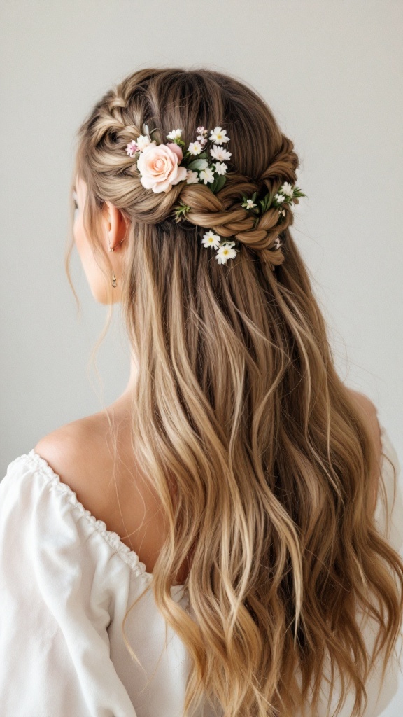A woman with half-up half-down bohemian braided twists adorned with floral accents.
