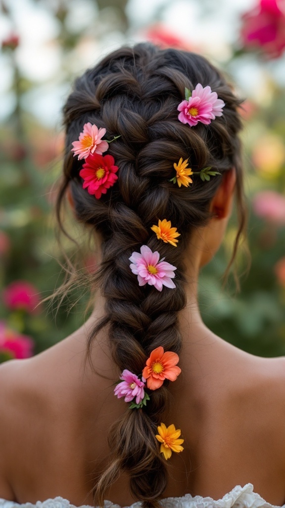 A close-up of a braided hairstyle decorated with colorful flower clips.