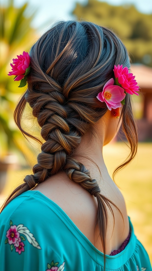 A woman with long hair styled in bohemian braids adorned with pink flowers.