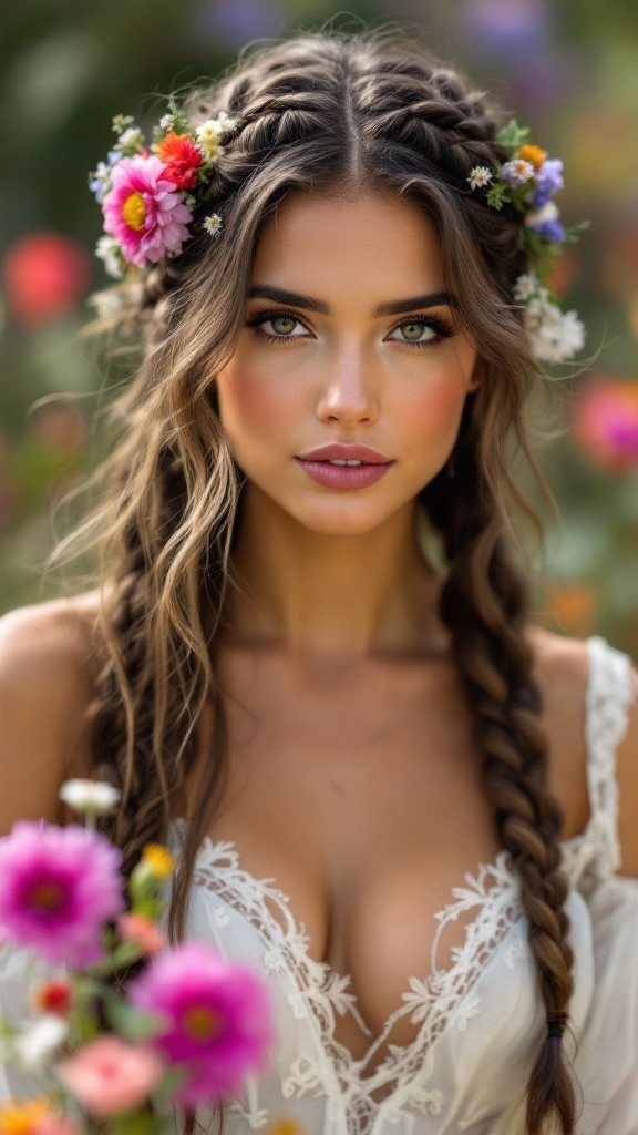 A bride with two braids decorated with wildflowers, showcasing a bohemian hairstyle.