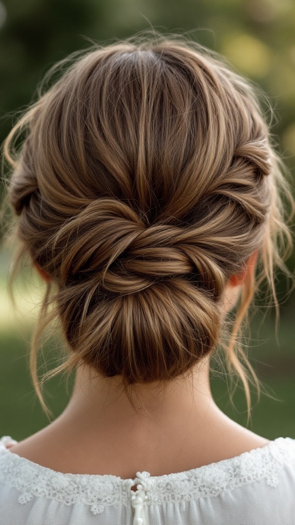 A bohemian bun hairstyle with loose strands styled at the back of a woman's head.