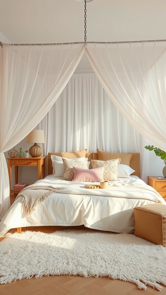 A cozy bohemian bedroom featuring a canopy bed with soft drapes, plush pillows, and warm lighting.