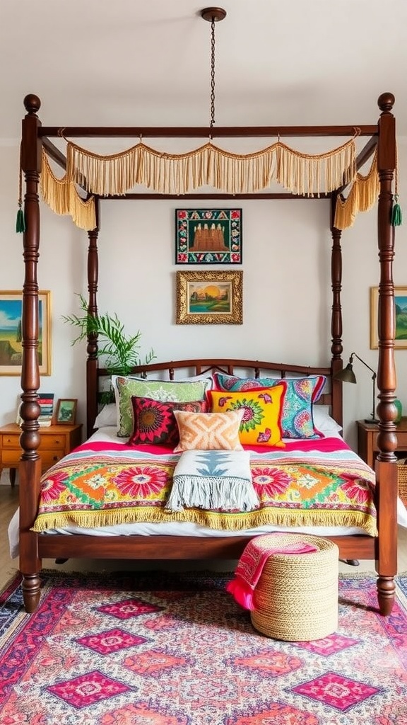 A bohemian chic four-poster bedroom with colorful bedding and eclectic decor.