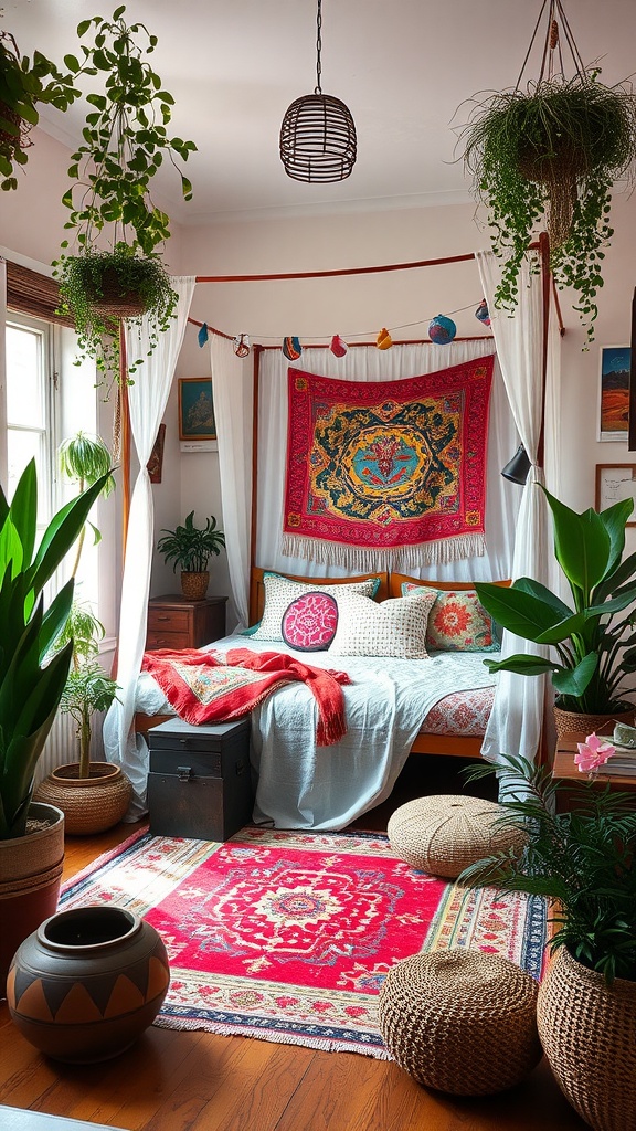 A cozy Bohemian chic bedroom featuring a colorful bed, hanging plants, and decorative elements.
