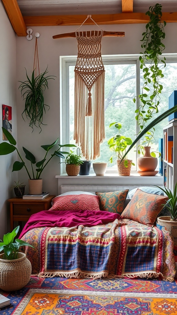Cozy Bohemian chic bedroom corner with bed, plants, and macramé wall hanging.