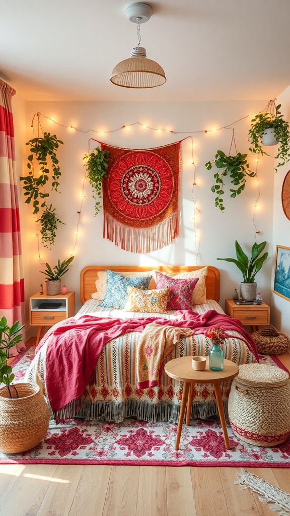 A cozy bohemian-style bedroom featuring a colorful tapestry, fairy lights, plants, and vibrant textiles.