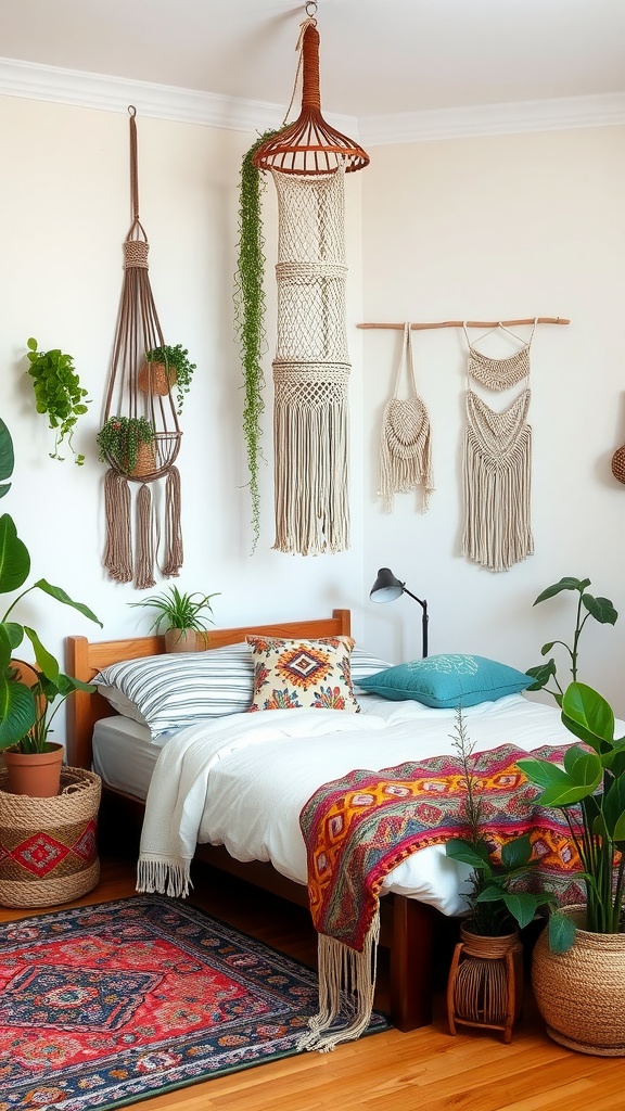 A cozy bohemian chic teen girl bedroom with a bed, colorful throw pillows, hanging plants, and macramé wall art