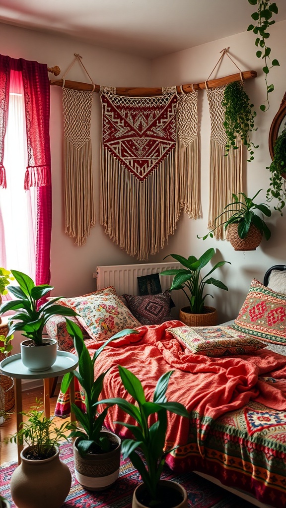 A cozy bohemian-style bedroom with plants, vibrant textiles, and hanging wall art.