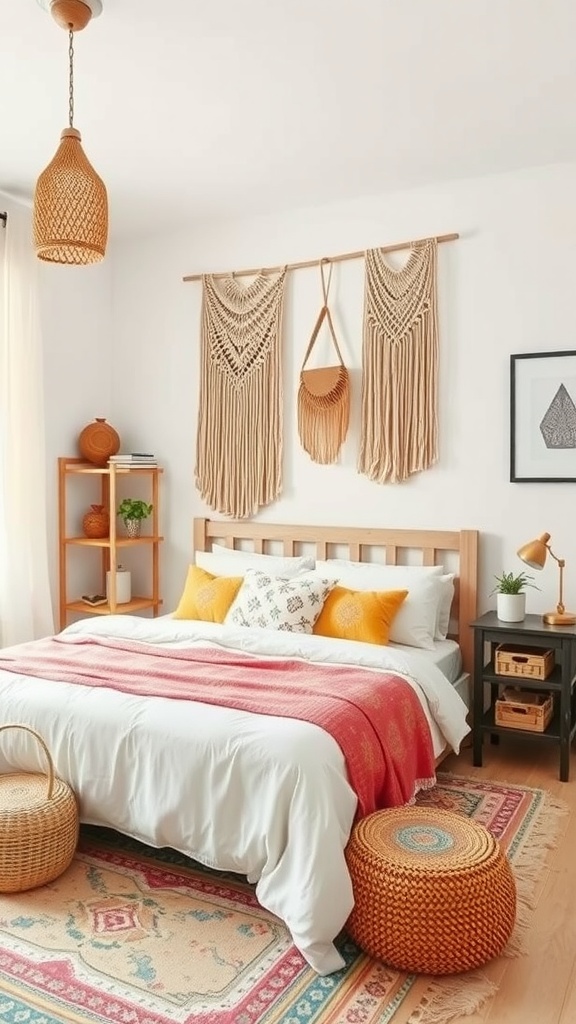 A cozy bedroom with bohemian decor featuring macramé wall hangings, a wooden bed, and colorful textiles.