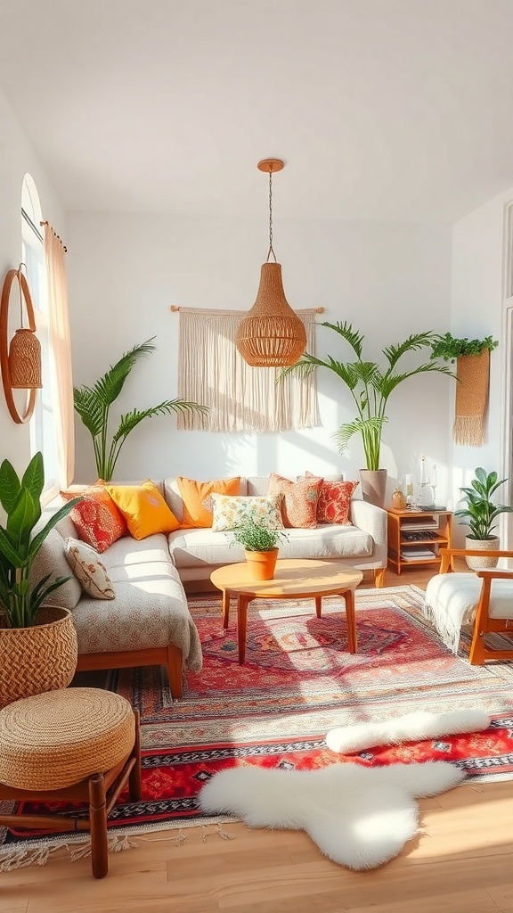 A cozy bohemian living room featuring a light sofa with colorful pillows, a vibrant area rug, potted plants, and warm lighting.
