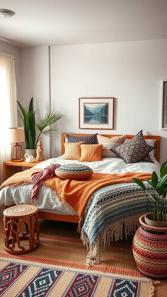 A cozy bohemian chic bedroom with layered textiles, featuring a wooden bed, colorful pillows, a warm throw, and plants.