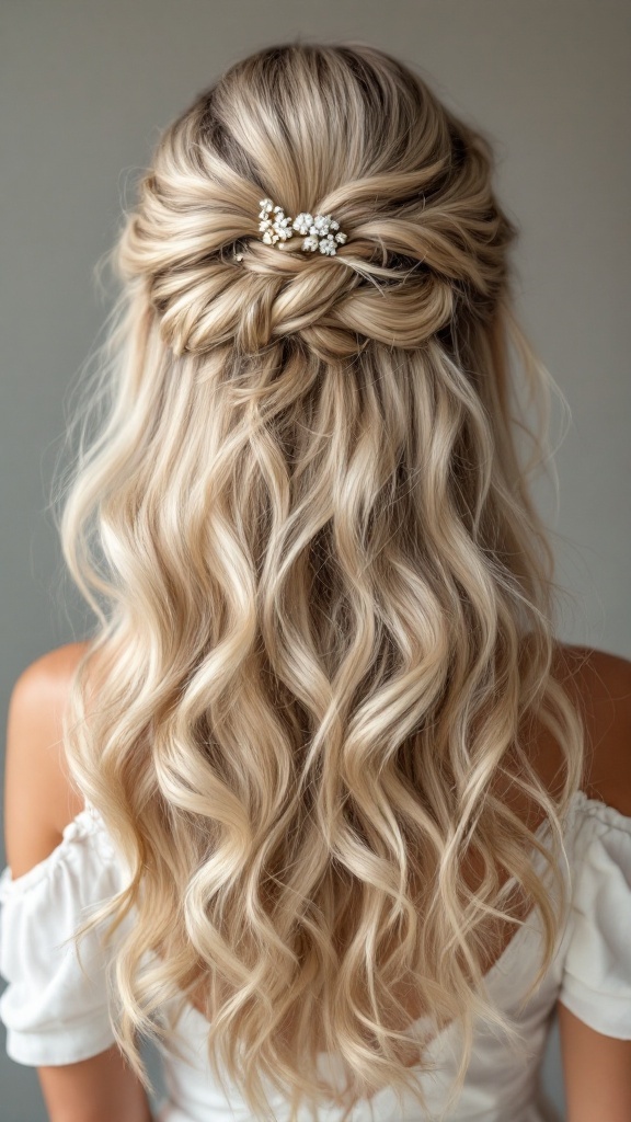 A half up, half down wedding hairstyle with soft waves and a floral hair accessory.