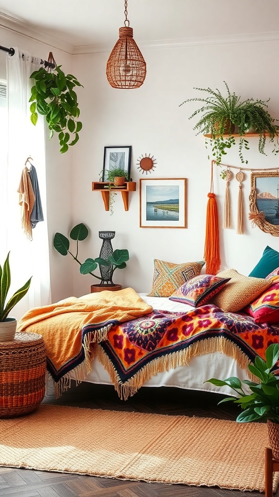 A cozy bohemian corner bed with colorful textiles, plants, and warm lighting.