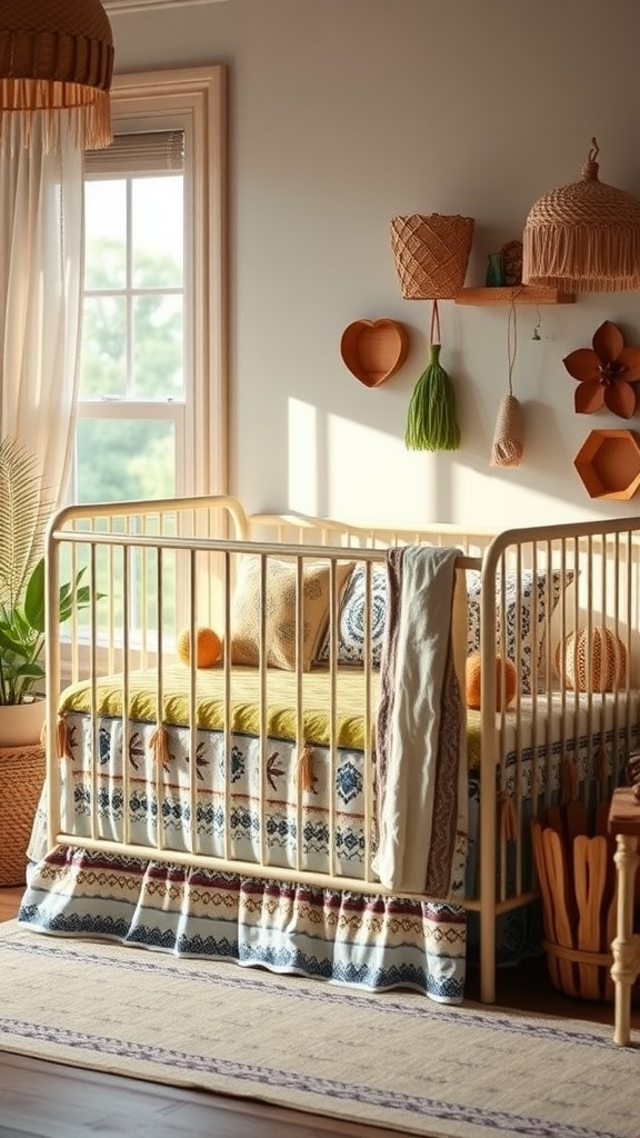 A cozy bohemian nursery featuring a crib with colorful bedding, natural decor elements, and soft lighting.