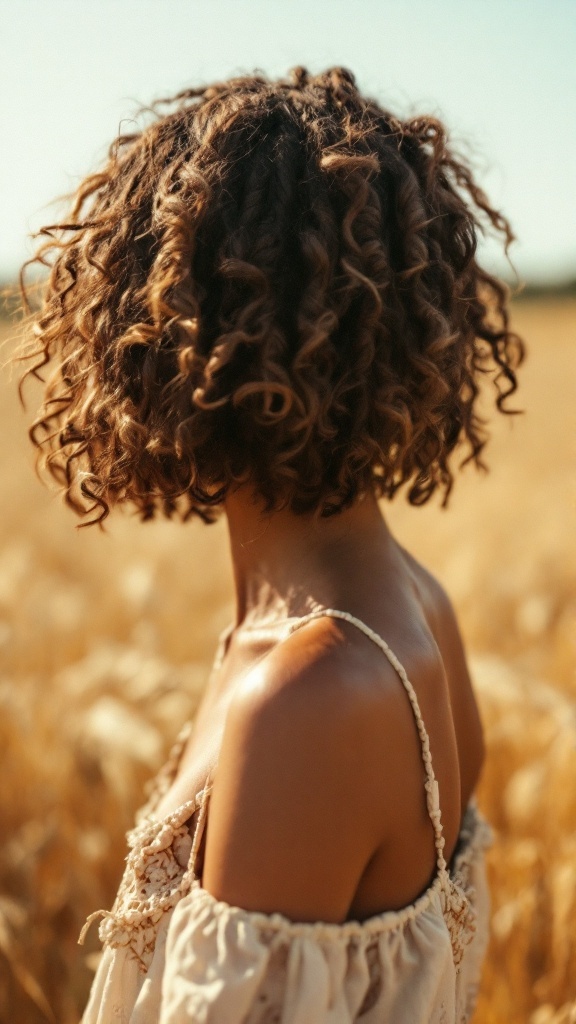 A woman with a crochet bob hairstyle, featuring defined curls, in a field of wheat.