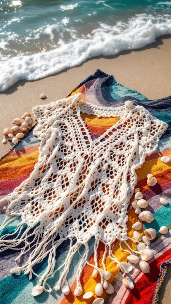 A bohemian crochet top on a colorful blanket by the beach with seashells.