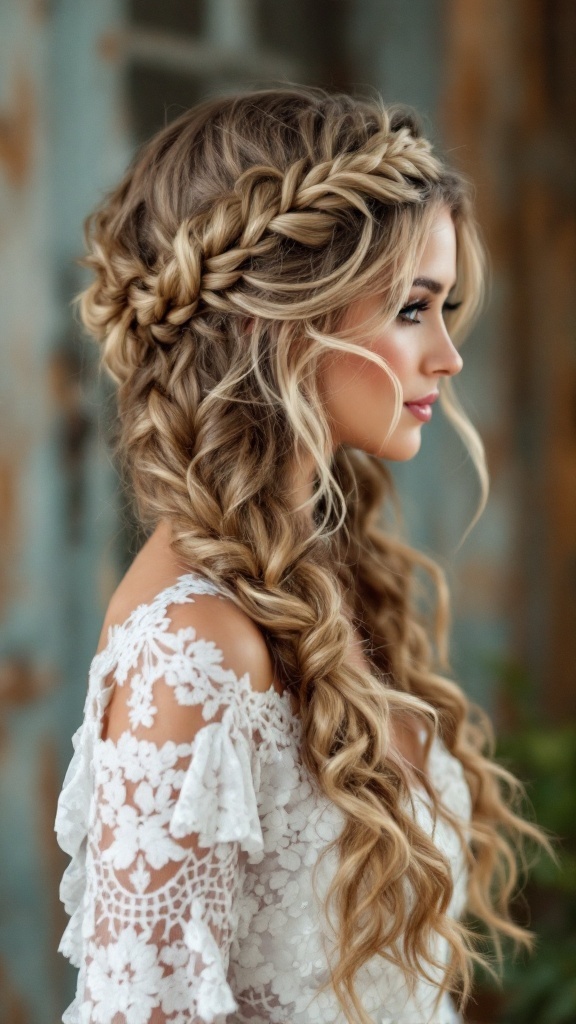 A bride with natural curly hair styled in a bohemian crown braid.