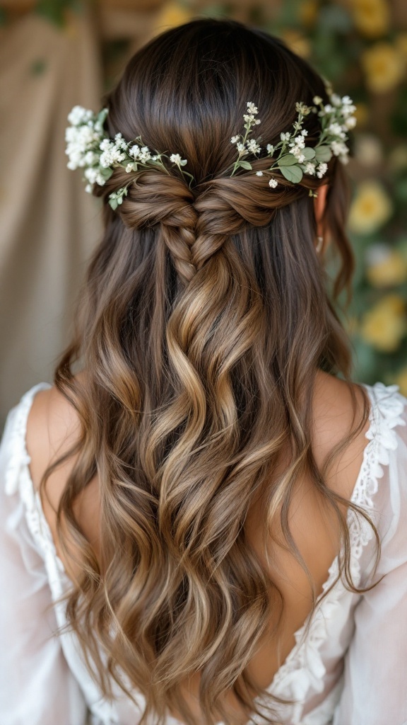 A beautiful Bohemian curly half-braid hairstyle adorned with flowers and greenery