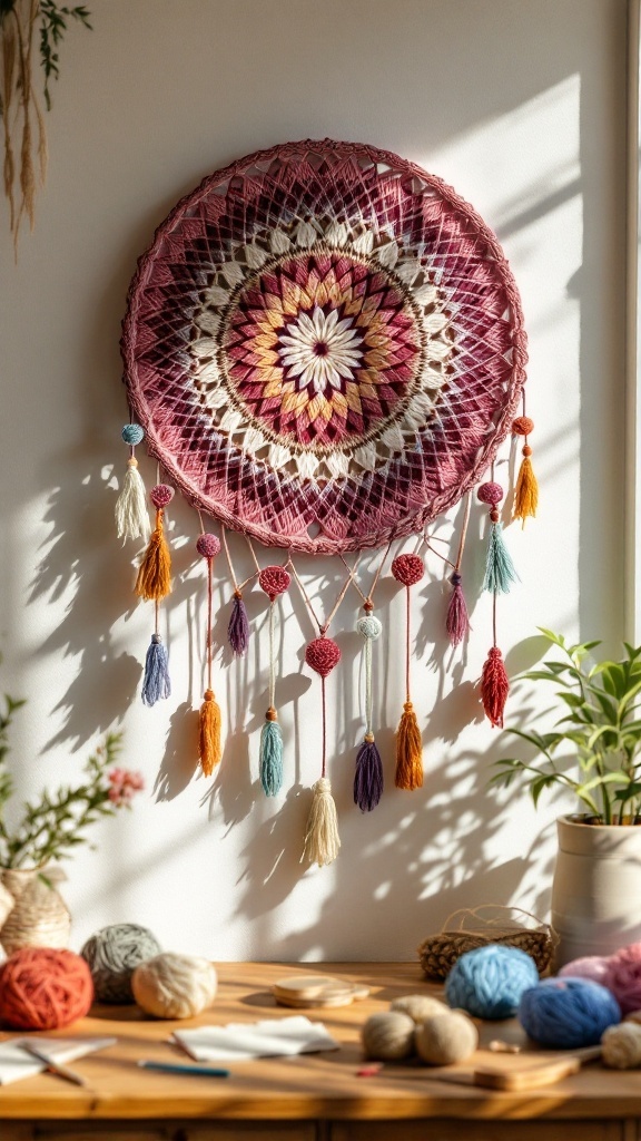A bohemian crochet wall hanging featuring a colorful circular design with tassels, set against a wall with yarn and crafting materials on a table.