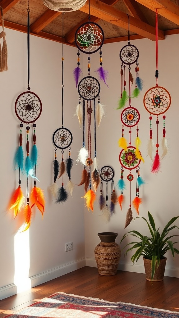 A collection of colorful dreamcatchers hanging on a wall, surrounded by a plant and rug.
