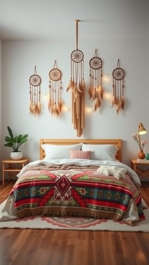 A cozy bohemian bedroom featuring dreamcatchers hanging on the wall, a colorful patterned blanket, and warm lighting.