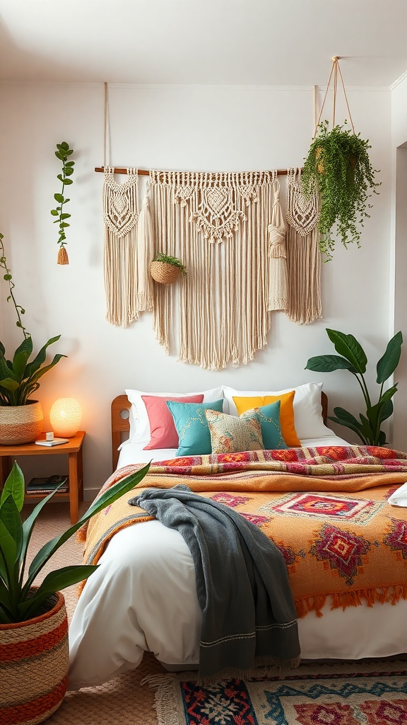 A cozy bohemian-style teen girl bedroom featuring a macramé wall hanging, colorful pillows, and plants.