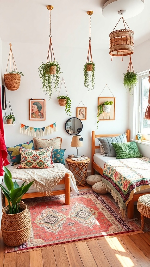 A bohemian-style teen bedroom featuring two beds, colorful cushions, hanging plants, and a vibrant rug.