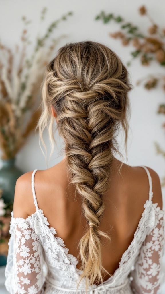 Back view of a woman with a Bohemian fishtail braid hairstyle, wearing a white dress.