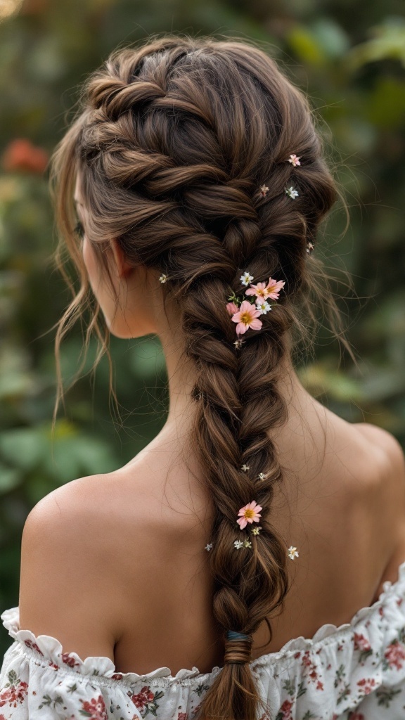 A beautiful bohemian fishtail braid with flowers in long hair