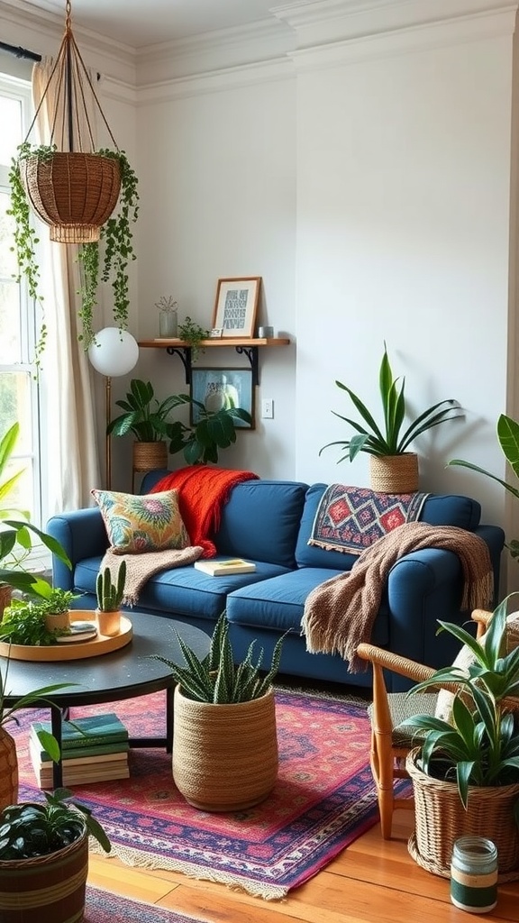 A cozy living room featuring a navy blue sofa, vibrant pillows, plants, and a patterned rug.