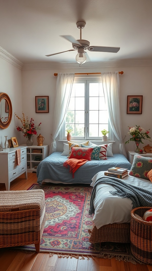 A cozy bohemian bedroom with floral accents, colorful pillows, and natural light.