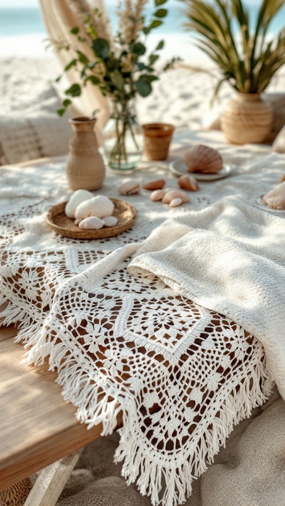 A crochet tablecloth with bohemian fringe edging on a table decorated with seashells and plants.