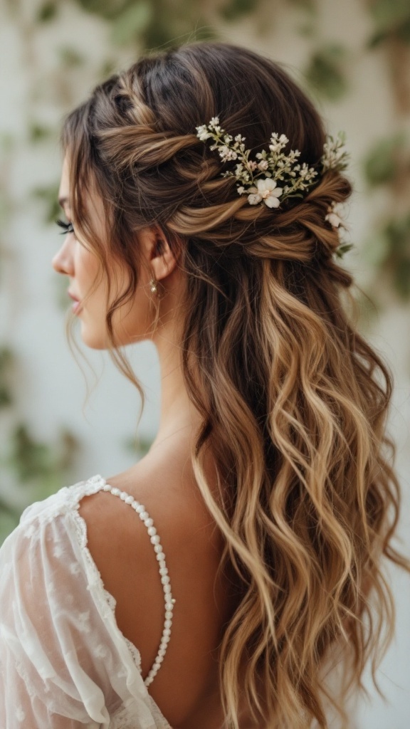A woman showcasing a bohemian half-up half-down hairstyle adorned with small flowers.