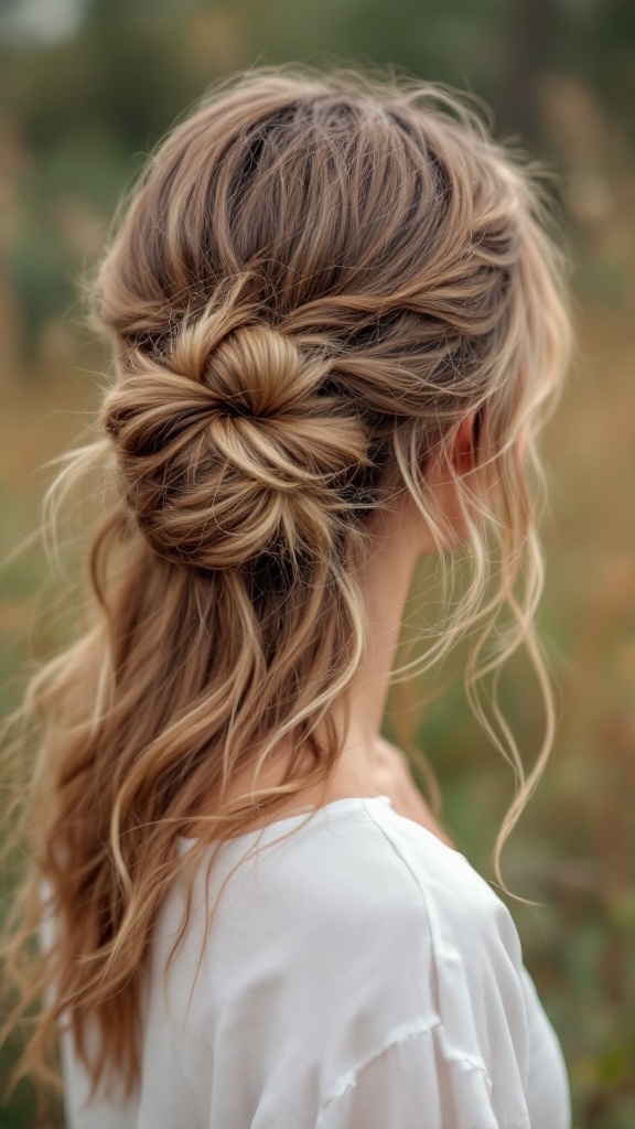 A woman with half up half down hairstyle, featuring a bun and loose strands of hair.