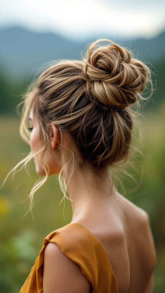 A woman with a bohemian inspired high bun ponytail, showcasing loose strands and a casual style.
